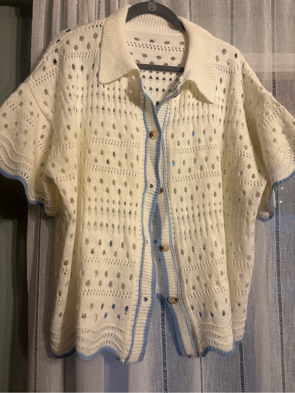 Cream Knit Button-Front woman’s Cardigan with Blue Trim